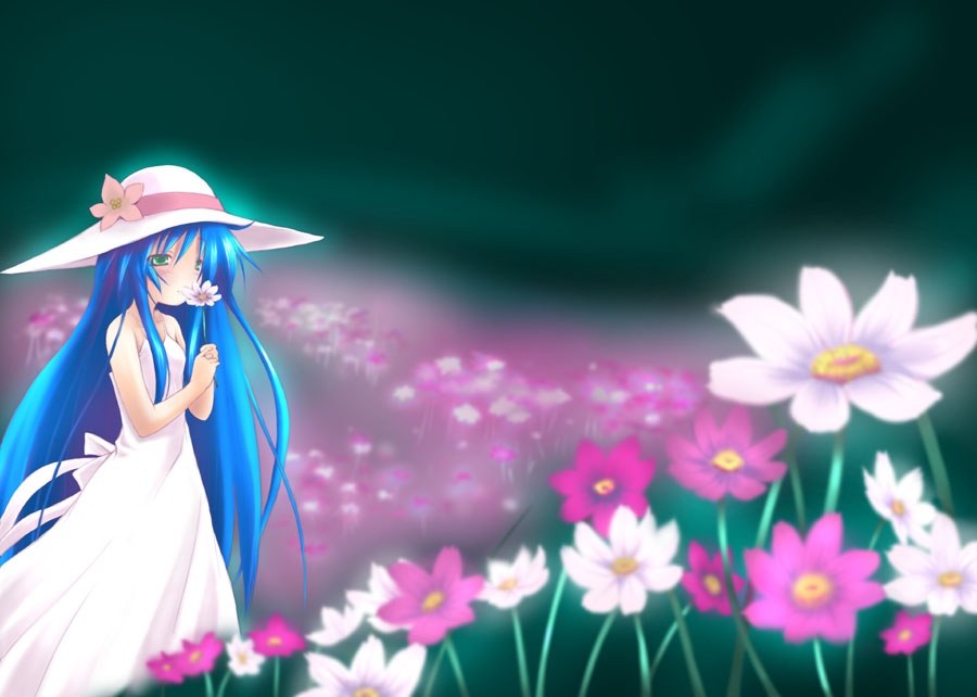 1girl, bare_shoulders, blue_eyes, blue_hair, dousaki_shin'ya, dress, field, flower, flower_field, glowing, hat, izumi_kanata, looking_at_viewer, lucky_star, outdoors, scenery, sleeveless, sleeveless_dress, solo, standing, sun_hat, sundress, white_dress