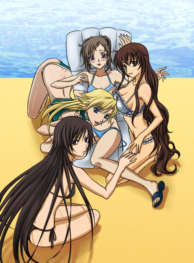 bikini, black_hair, blonde_hair, blue_eyes, brown_eyes, brown_hair, code_geass, genderswap