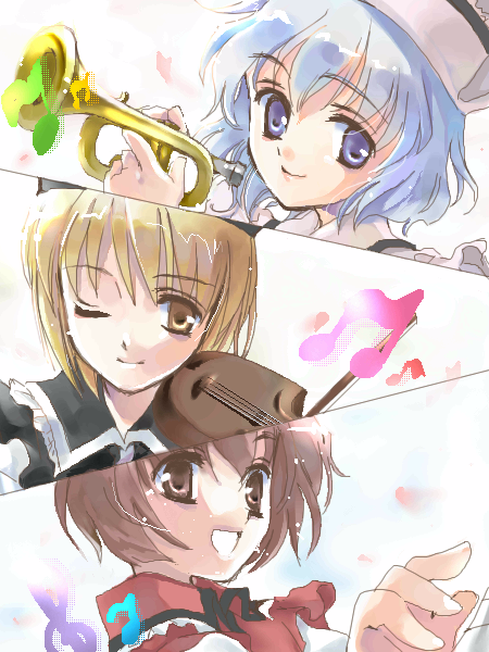 3girls, blonde_hair, coco_(artist), female, instrument, lunasa_prismriver, lyrica_prismriver, merlin_prismriver