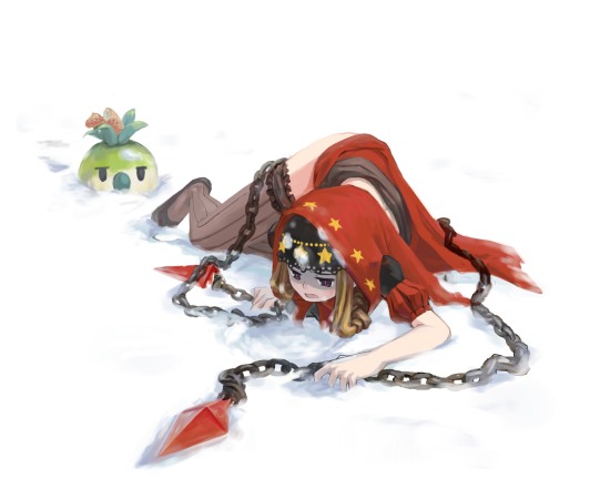 1girl, bad_id, blonde_hair, brown_legwear, chains, cloak, dress, full_body