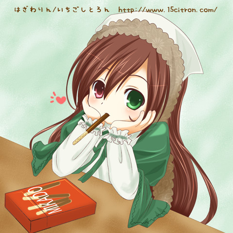 00s, 15citron, chin_rest, eating, heterochromia, lowres, pocky, rozen_maiden