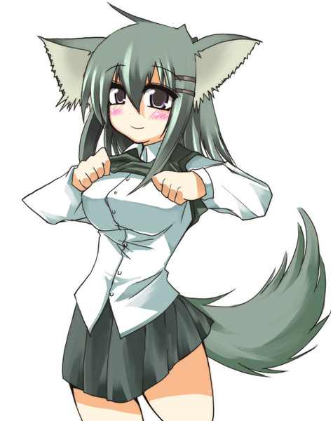 1girl, animal_ears, black_skirt, breasts, cowboy_shot, fox_ears, fox_tail, hane_(hanegoya), large_breasts, long_sleeves, looking_at_viewer, miniskirt, shirt, simple_background, skirt, solo, tail, torikoro, white_background, white_shirt, yuzaki_tatami