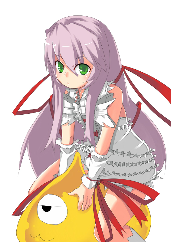 00s, 1girl, al_azif, demonbane, dunsany, frills, green_eyes, johnny_funamushi, lavender_hair, ribbon, solo