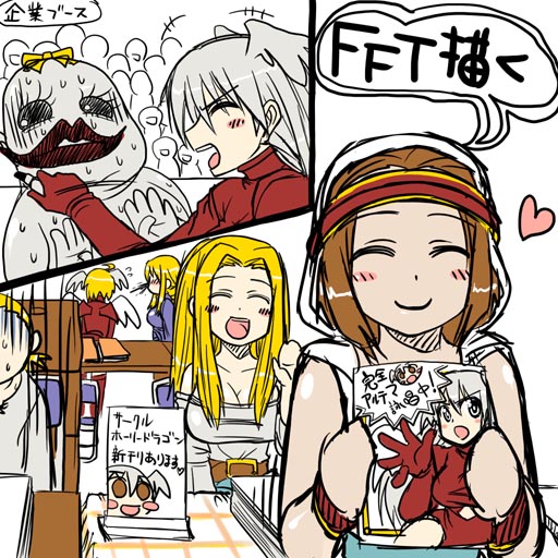 2boys, 4girls, agrias_oaks, blonde_hair, blood, blush, brown_hair, cosplay