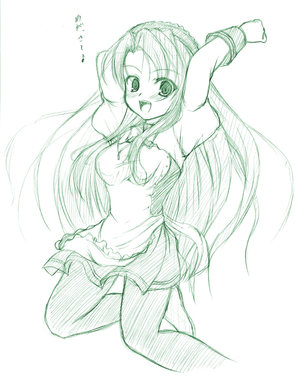 1girl, green, johnny_(from_scratch), long_hair, monochrome, pantyhose, sketch, solo