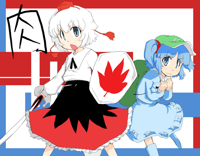 female, golden_pe_done, inubashiri_momiji, kawashiro_nitori, shield, sword, touhou, weapon