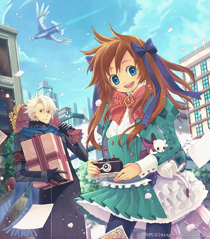 1boy, 1girl, :d, aircraft, airplane, animal, apupu, artist_name