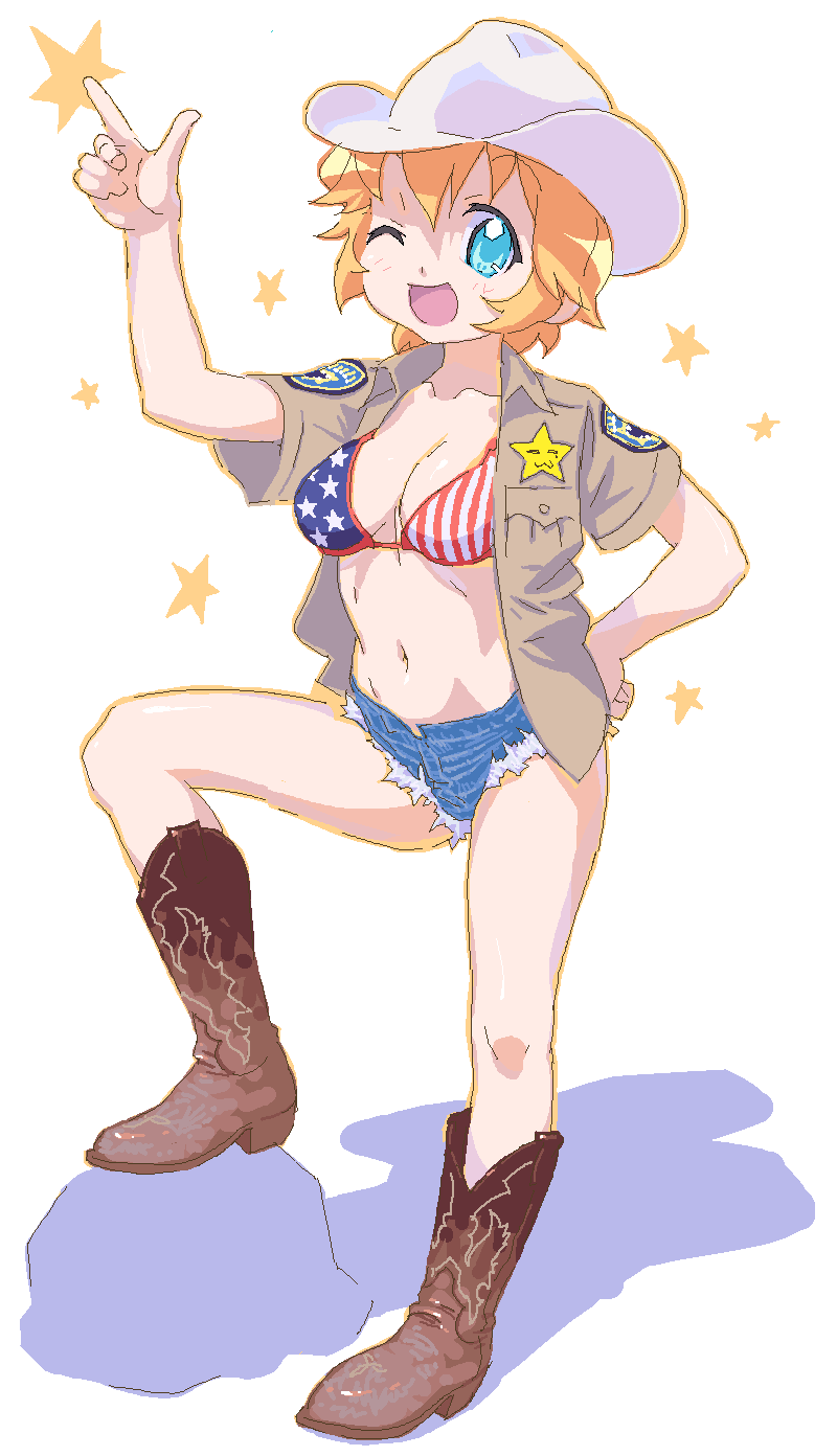 1girl, america, american_flag_bikini, bikini, bikini_top, blue_eyes, boots, cowboy_boots