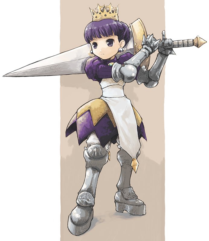 1girl, armor, armored_dress, atlus, boots, brown_background, crown, gradriel, gradriel_de_valendia, hat, knee_boots, pota, pota_(nabrinko), princess_crown, purple_hair, sword, violet_eyes, weapon