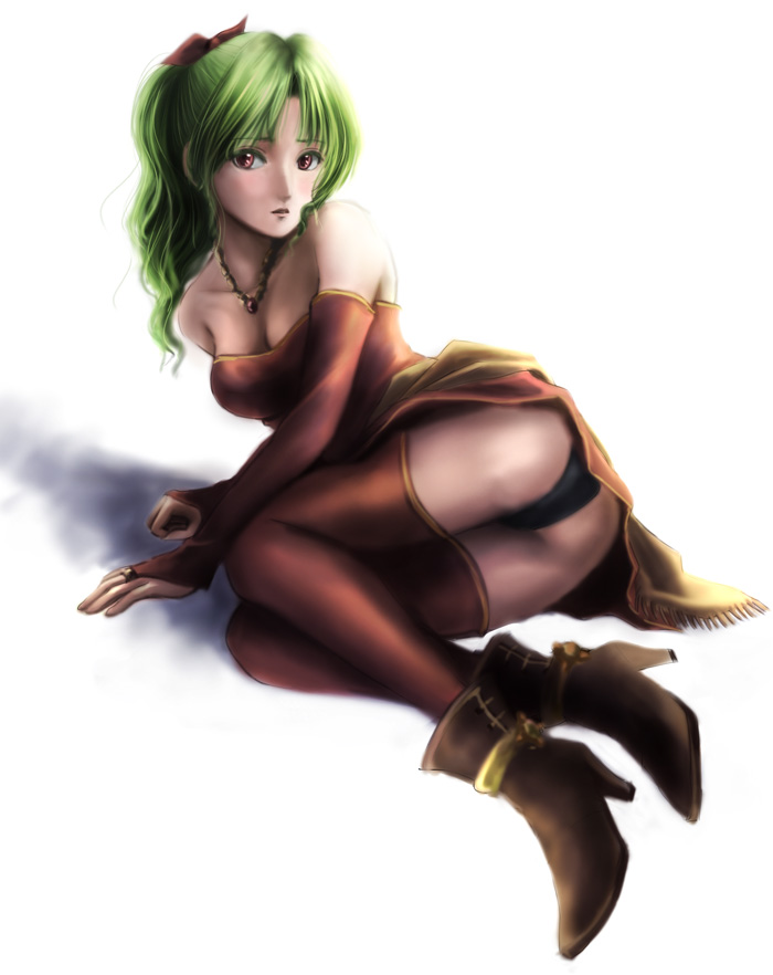 1girl, bad_id, blush, breasts, cleavage, dodon_(reina), final_fantasy, final_fantasy_vi, green_hair, jewelry, necklace, panties, ponytail, red_eyes, reina_(artist), solo, thigh-highs, tina_branford, underwear