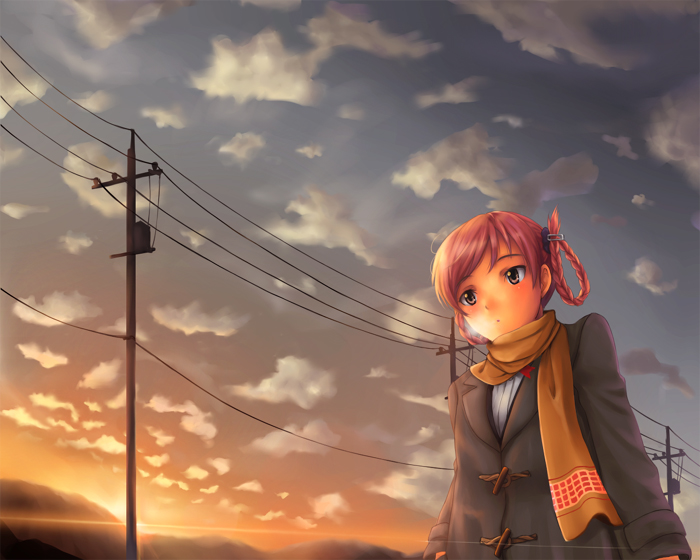 1girl, atlus, braid, breath, clouds, coat, hair_rings, kayano_megumi