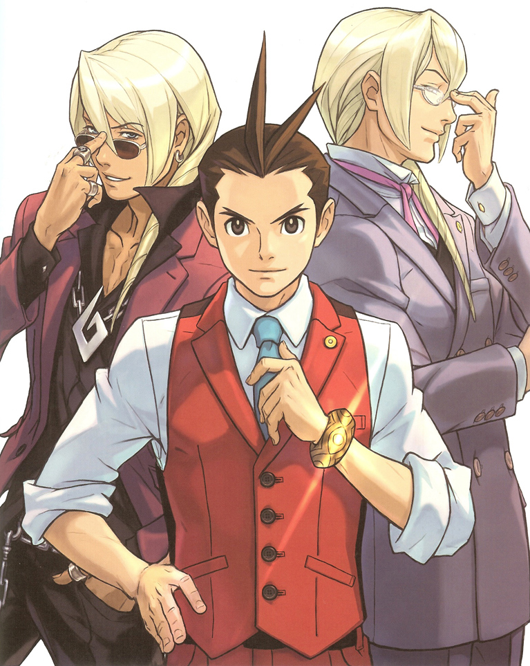 3boys, adjusting_glasses, adjusting_sunglasses, blue_necktie, capcom, garyuu_kirihito, garyuu_kyouya, glasses