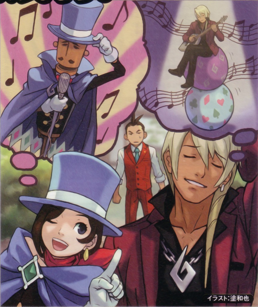 1girl, 2boys, artist_name, blonde_hair, blue_hat, blue_necktie, brown_hair, capcom, cape, earrings, garyuu_kyouya, gyakuten_saiban, gyakuten_saiban_4, hat, jewelry, magician, magician's_hat, microphone, mr_hat, multiple_boys, musical_note, naruhodou_minuki, naruhoudou_minuki, necktie, odoroki_housuke, pants, puppet, quaver, red_pants, short_hair, staff_(music), thought_bubble, top_hat