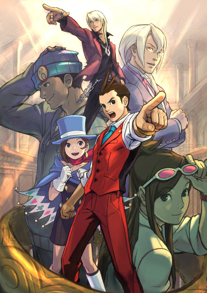 2girls, 4boys, alternate_costume, beanie, blue_hat, blue_necktie, bracelet, capcom