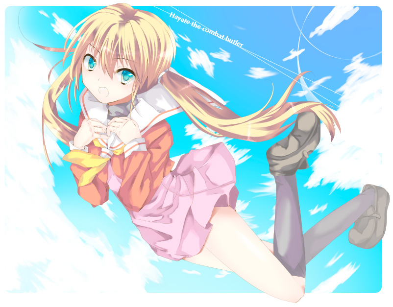 1girl, blonde_hair, clouds, female, footwear, happy, hayate_no_gotoku!, ise