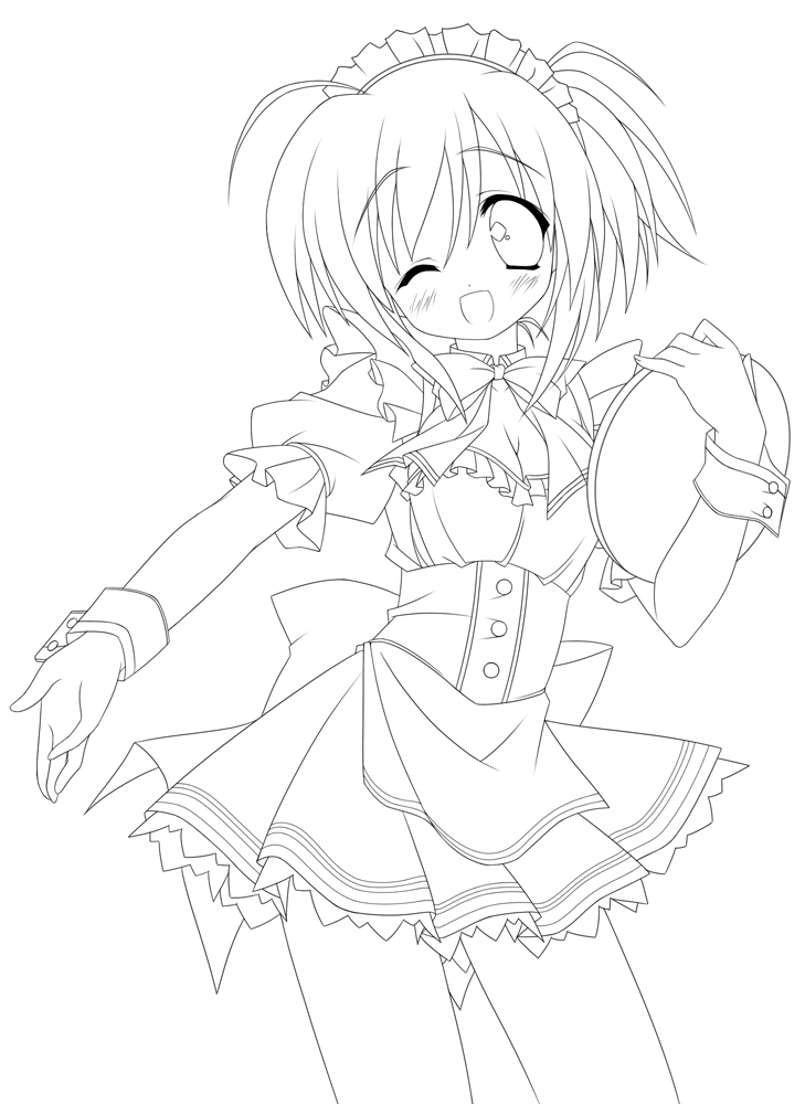 1girl, bad_id, blush, breasts, cleavage, hisane, maid, monochrome