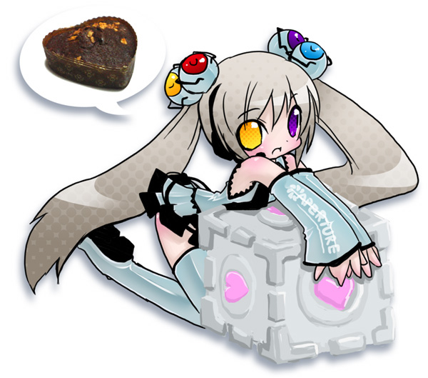 1girl, boots, cake, cube, detached_sleeves, food, glados, glados-tan