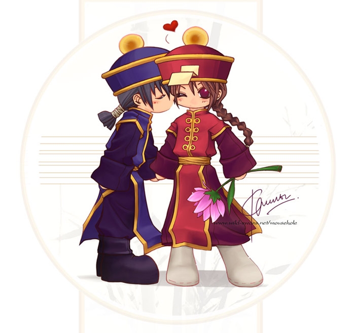 bongun, braid, flower, hand_holding, jiangshi, kiss, munak, ponytail