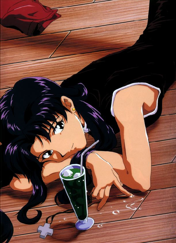 1girl, cross, drink, earrings, greek_cross, jewelry, katsuragi_misato, long_hair