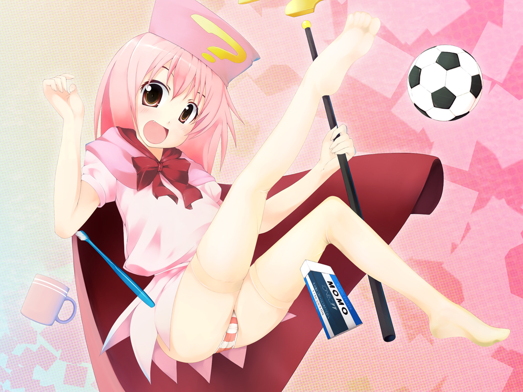 1girl, ball, benesse, cup, eraser, feet, fourthcape, hat
