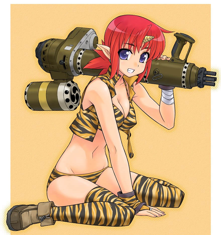 1girl, bikini, blue_eyes, boots, breasts, cleavage, grin, gun