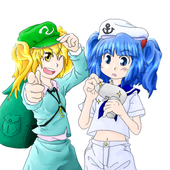 2girls, backpack, bag, blonde_hair, blue_eyes, blue_hair, cosplay, costume_switch
