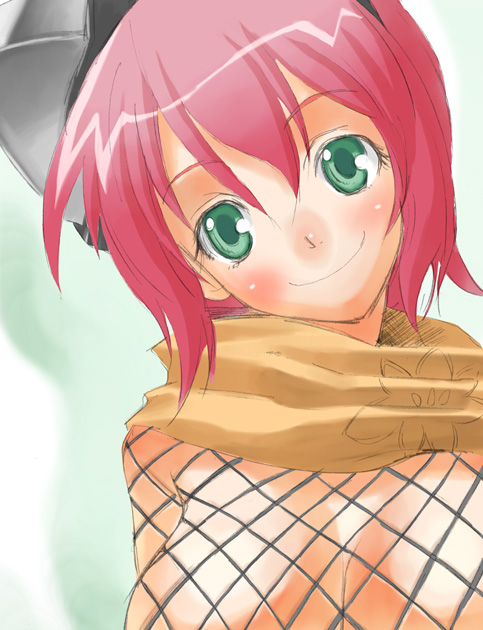 1girl, breasts, cleavage, fishnet_top, fishnets, gouma_reifuden_izuna, green_eyes, izuna