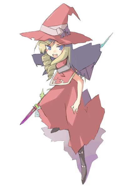 1girl, :d, atlus, bangs, blonde_hair, blue_eyes, boots, bow, cape, doctor_magus, dress, drill_hair, fang, fighting_stance, flat_chest, foreshortening, hat, holding, long_hair, looking_at_viewer, miaka_(artist), open_mouth, salty_(cherrypie), sekaiju_no_meikyuu, sekaiju_no_meikyuu_2, shadow, sidelocks, simple_background, smile, solo, spread_legs, staff, standing, twin_drills, twintails, witch_hat