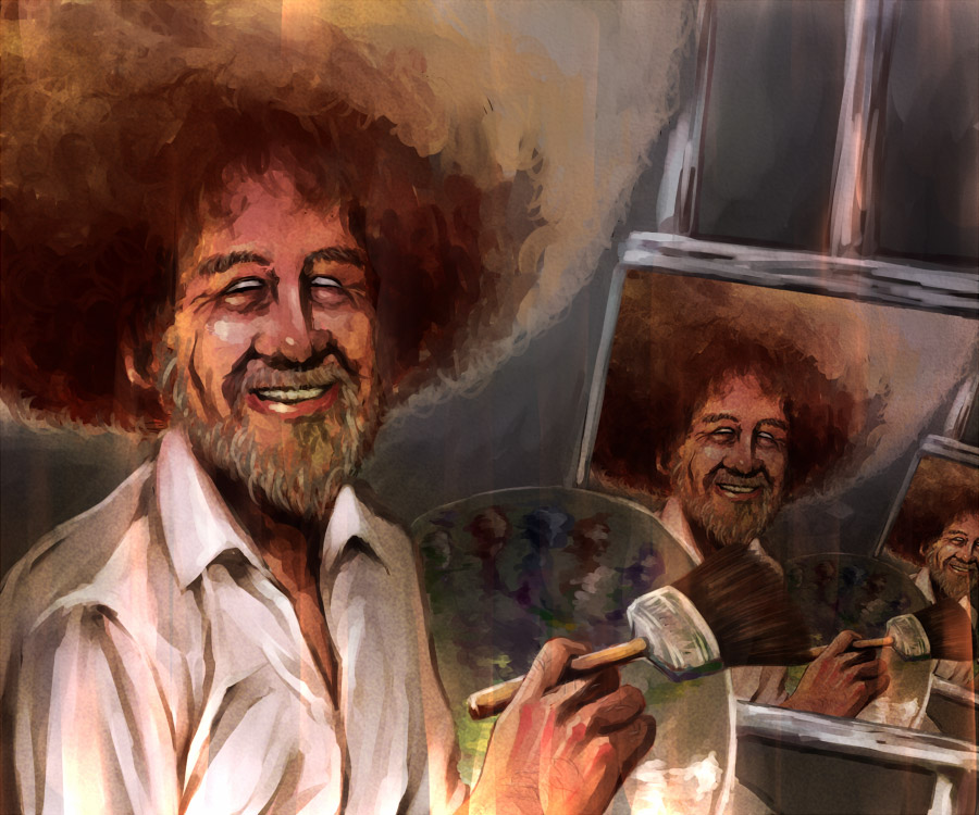 1boy, afro, beard, bob_ross, creepy, easel, empty_eyes, facial_hair