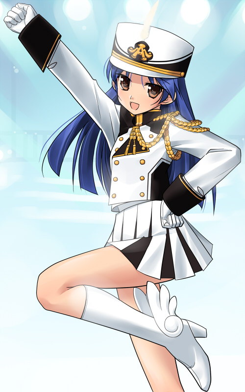 1girl, band_uniform, blue_hair, boots, brown_eyes, hat, idolmaster, kisaragi_chihaya