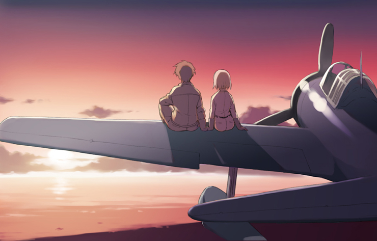 1boy, 1girl, a6m2, airplane, belt, brown_hair, clouds, couple
