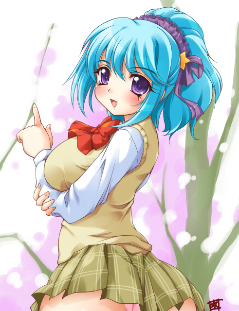 1girl, aqua_hair, breasts, demon_girl, huge_breasts, kougasha, kurono_kurumu, panties, rosario+vampire, school_uniform, serafuku, solo, succubus, sweater, sweater_vest, underwear, vest, violet_eyes