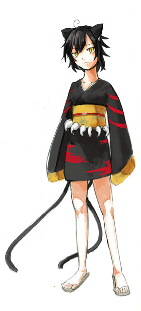 animal_ears, black_hair, cat_ears, japanese_clothes, luft, original, yellow_eyes