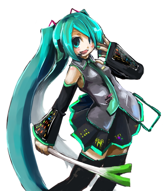 1girl, :3, aqua_hair, black_legwear, boots, detached_sleeves, green_nails, hatsune_miku