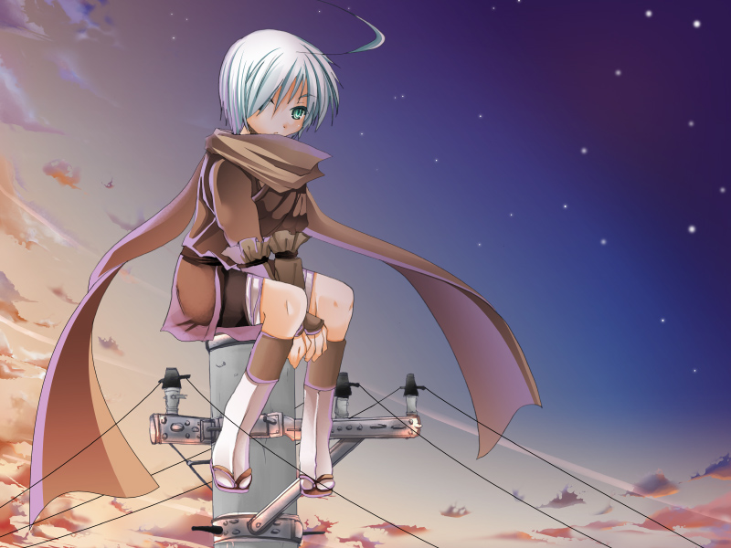 1girl, ahoge, androgynous, armor, bad_id, clouds, expressionless, green_eyes, hair_over_one_eye, japanese_armor, kneehighs, kote, ninja, original, power_lines, sakayaki_(burning_soul), sandals, scarf, short_hair, sitting, sky, solo, star_(sky), starry_sky, tabi, telephone_pole, twilight, v_arms, white_hair