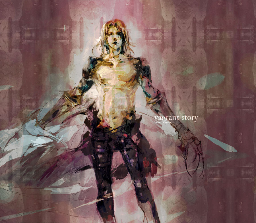 1boy, armor, blonde_hair, claws, leather, male_focus, mos, navel