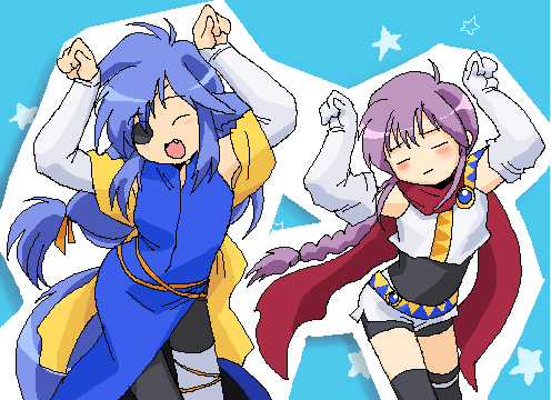 2boys, angelous_lazward, blue_hair, caramelldansen, eyepatch, fang, follower_(yagisaka_seto), lowres