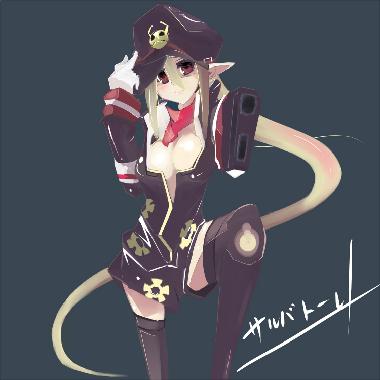 1girl, black_hat, blonde_hair, breasts, character_name, cleavage, disgaea, gun