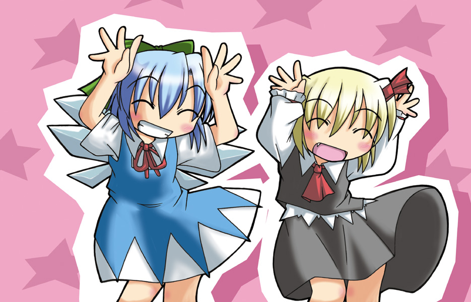 2girls, ^_^, aquaneko, bad_id, black_skirt, blonde_hair, blue_dress, blue_hair