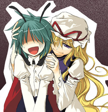 2girls, androgynous, antennae, female, hat, izana_minagi, lowres, multiple_girls