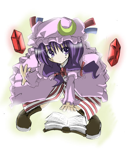 1girl, book, crescent, female, frills, grimoire, hat, long_hair