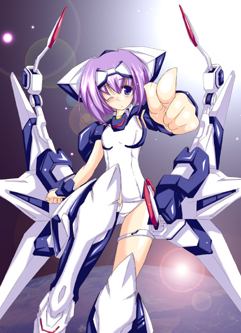1girl, blue_eyes, exelica, mecha_musume, one_eye_closed, pointing, purple_hair, short_hair