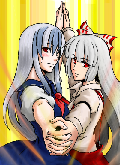 2girls, blue_hair, blush, bow, breast_press, breasts, dancing, female, fujiwara_no_mokou, hair_bow, hand_holding, hime_cut, kamishirasawa_keine, large_bow, long_hair, md5_mismatch, multicolored_hair, multiple_girls, no_hat, no_headwear, silver_hair, smile, sweatdrop, symmetrical_docking, symmetrical_hand_pose, take_(takemikazuchi), touhou, two-tone_hair