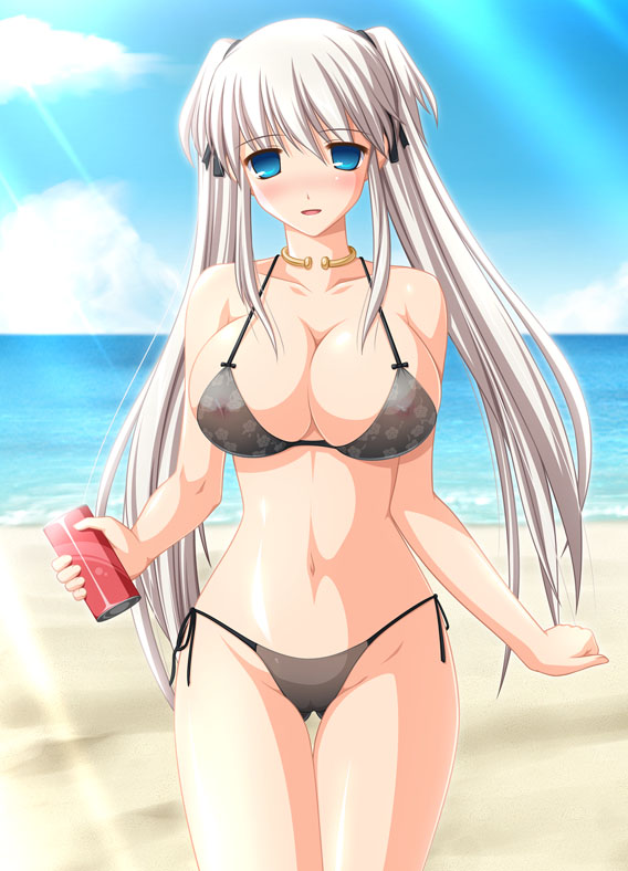 1girl, beach, bikini, blue_eyes, blue_sky, blush, breasts, clouds, collarbone, cowboy_shot, erect_nipples, horizon, huge_breasts, jewelry, kafu, long_hair, looking_at_viewer, mabinogi, nao_(mabinogi), navel, neck_ring, nipples, open_mouth, sand, side-tie_bikini, sky, solo, swimsuit, thigh_gap, transparent, twintails, water, wide_hips