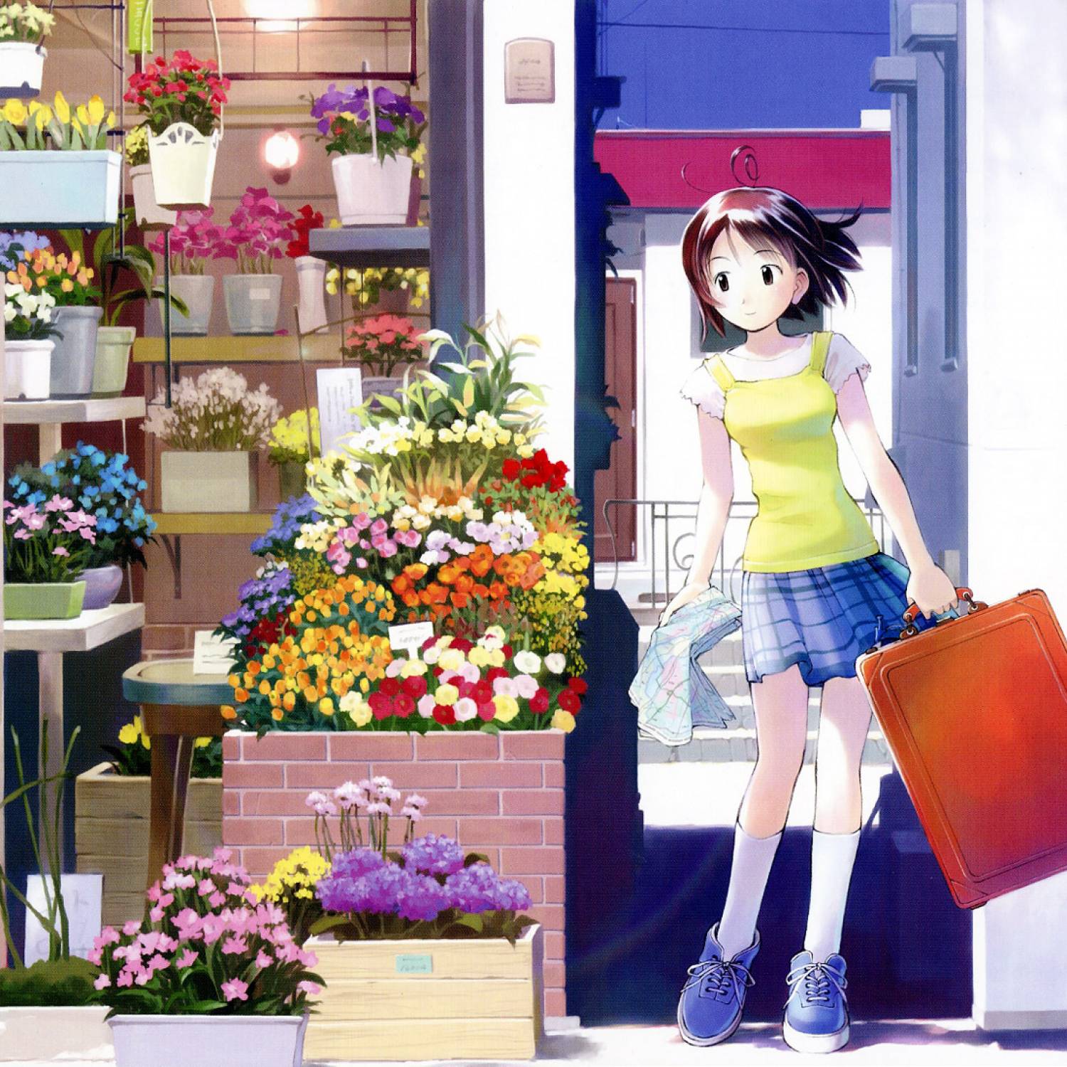 00s, 1girl, bag, brown_eyes, brown_hair, city, flower, highres