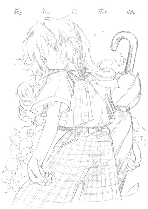 closed_umbrella, flower, kazami_yuuka, kazami_yuuka_(pc-98), kiriu, light_smile, long_hair, looking_away, looking_back, monochrome, pants, parasol, plaid, plaid_pants, plaid_vest, touhou, touhou_(pc-98), umbrella