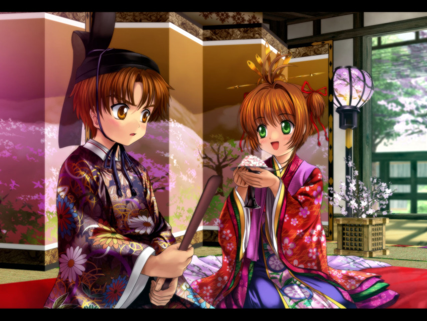 1boy, 1girl, 90s, blush, brown_hair, card_captor_sakura, child, green_eyes, japanese_clothes, juunihitoe, kimono, kinomoto_sakura, li_xiaolang, mutsuki_(moonknives), spring, spring_(season)