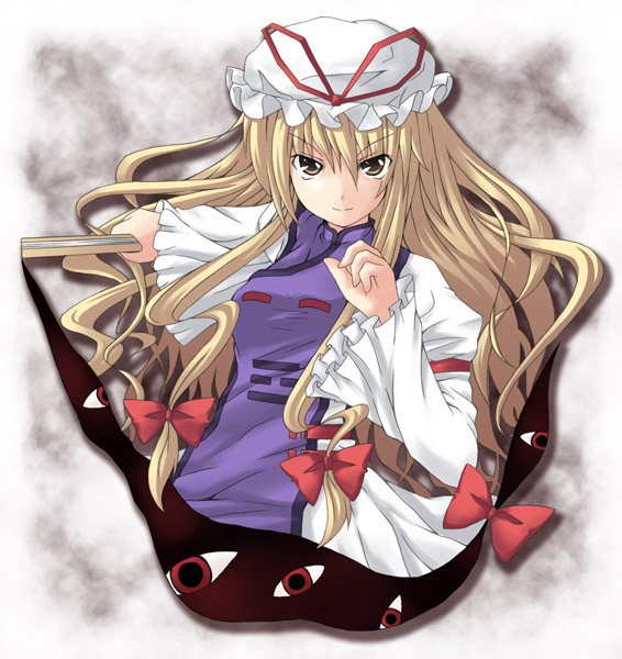 1girl, blonde_hair, bow, dress, female, frilled_dress, frills, gap, hair_bow, hat, iseki_mitsuharu, mitsuharu_iseki, ribbon, smile, solo, touhou, yakumo_yukari, yellow_eyes