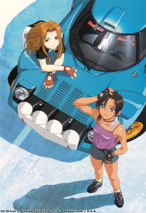 00s, 2girls, bent_over, brown_hair, camisole, car, dark_skin, denim