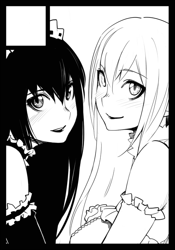 1boy, 1girl, black_border, border, circle_cut, lolita_fashion, marie_(moyashimon), monochrome